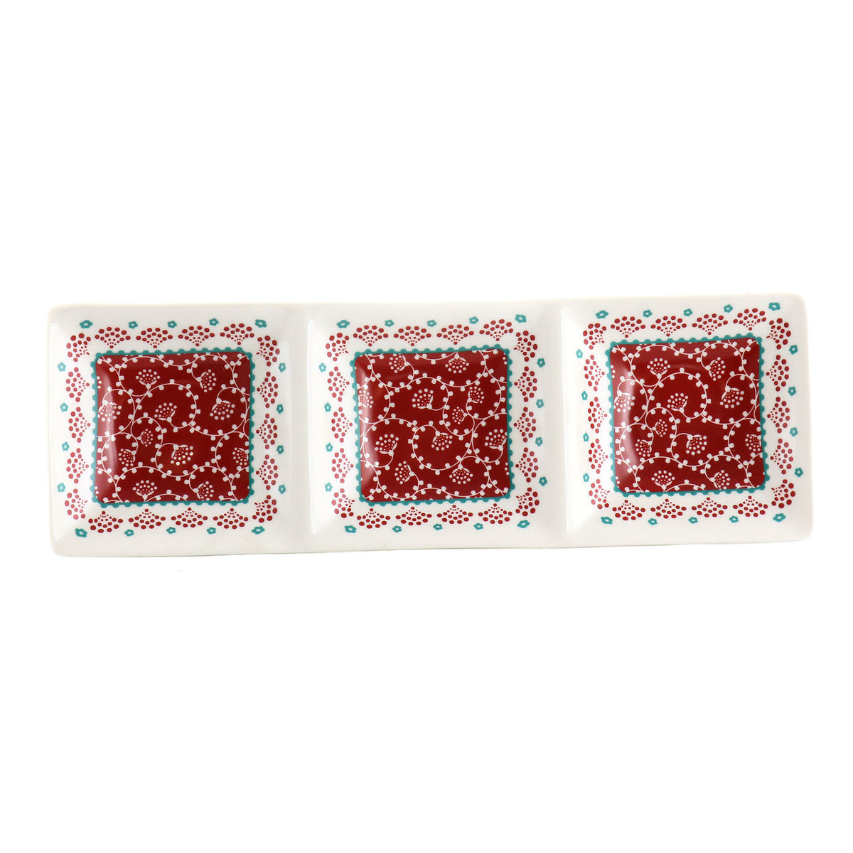 Gibson Home Village Vines 13.5 Inch Ceramic Rectangular 3 Section Tray in Red-0