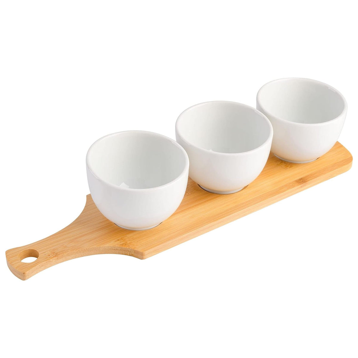 Gibson Gracious Dining 3 Piece White Fine Ceramic Tidbit Bowl Set with Bamboo Serving Tray-0