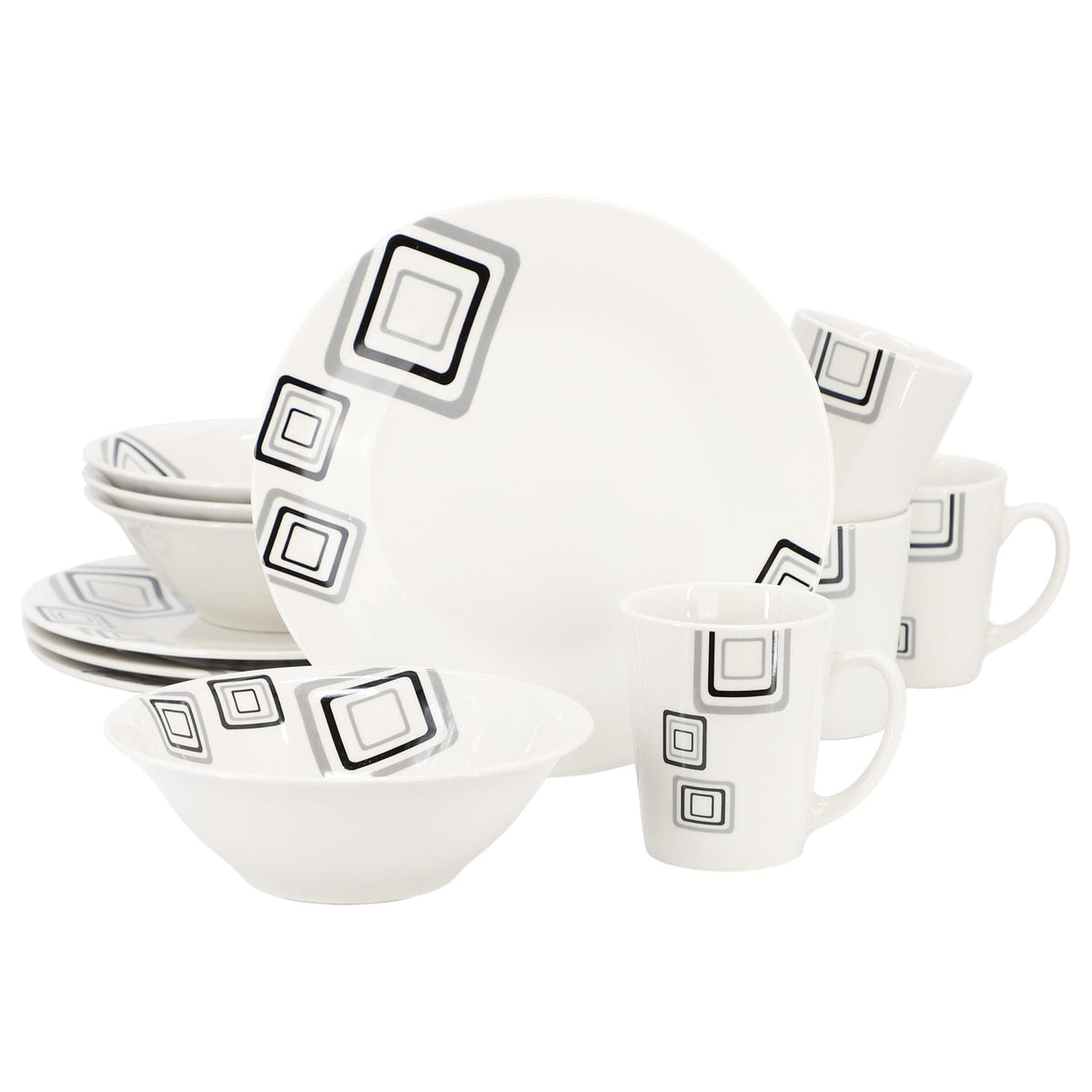 Gibson Home Black Squares 12 Piece Round Fine Ceramic Dinnerware Set in White-0