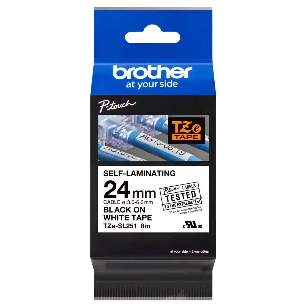 Genuine Brother TZe-SL251 Self Laminating Label Tape Black on White - 24mm Wide x 8m Long-0