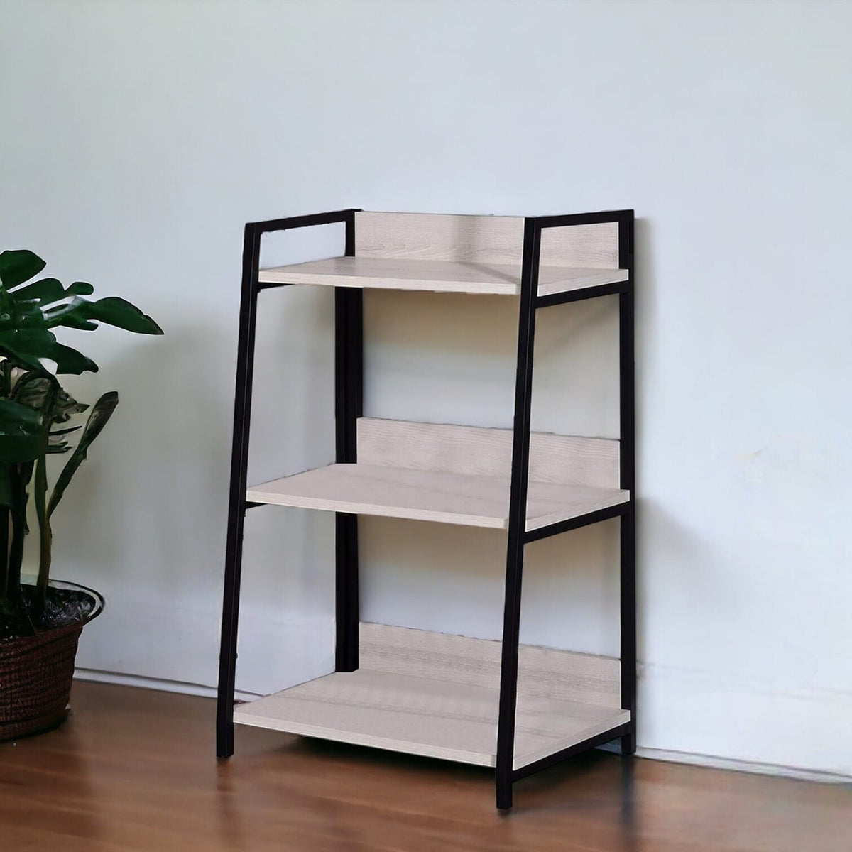37" Natural and Black Metal Three Tier Ladder Bookcase-0