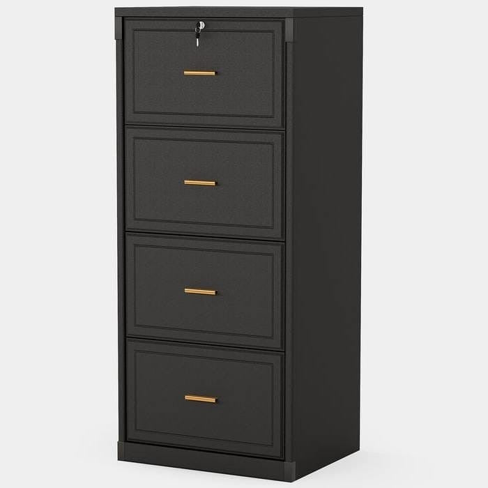 Vertical File Cabinet in Black Wood Finish with 4 Lockable Storage Drawer — 10797657981267