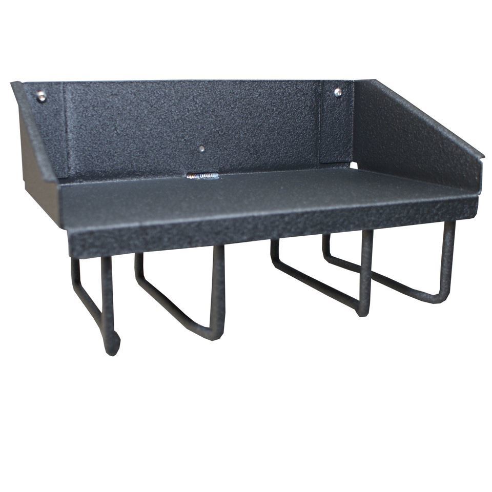 Wall-mounted black aluminum cordless tool holder with battery shelf