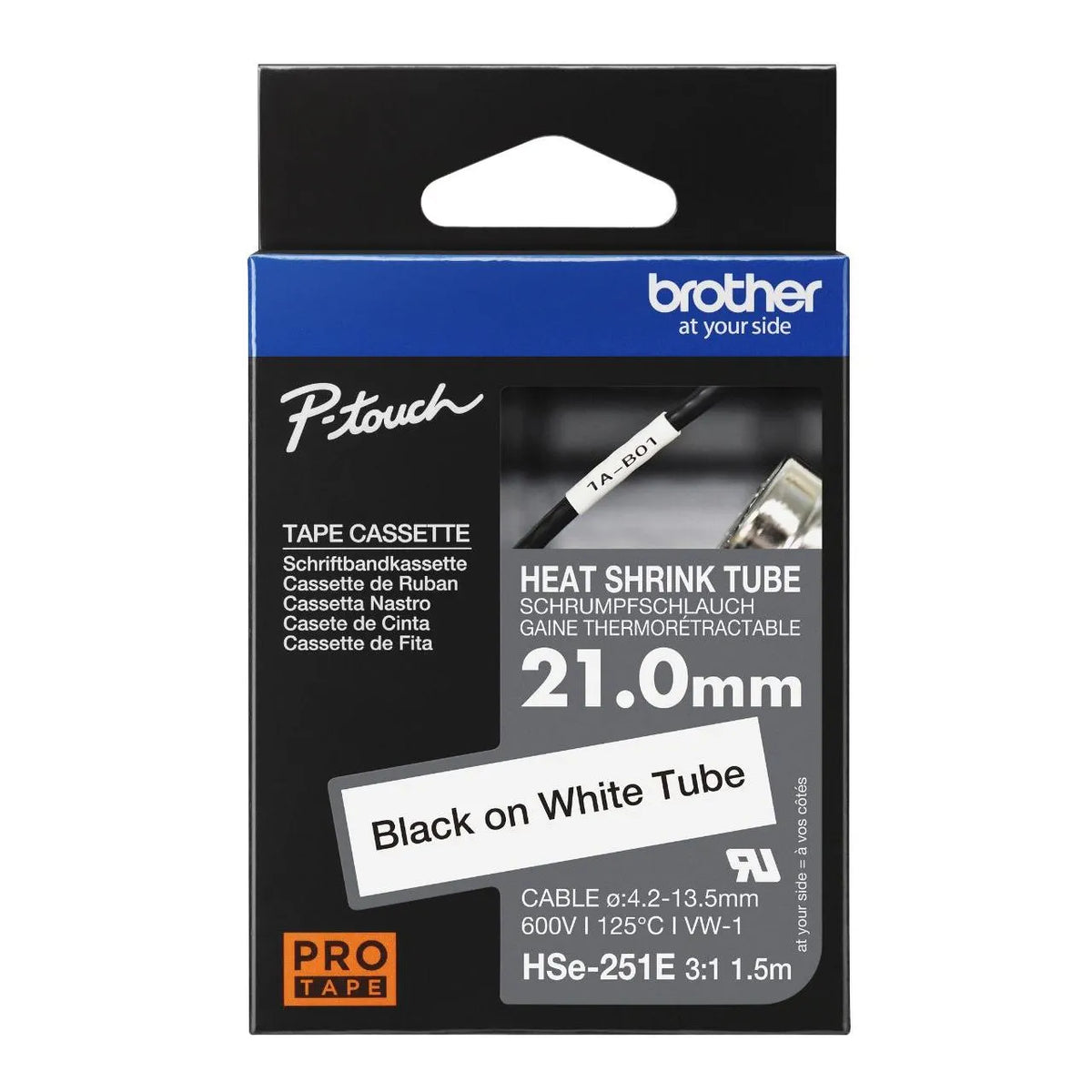 Original Brother HSe251E 21mm (0.82in) Black on White 3:1 Heat Shrink Tube-0