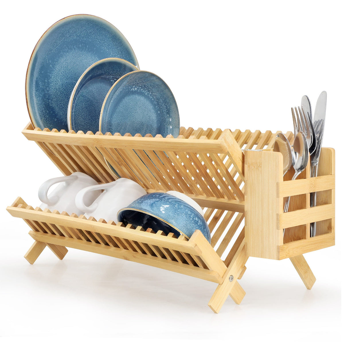 MegaChef 2-Tier Collapsible Kitchen Bamboo Drying Dish Rack with Utensil Holder-0