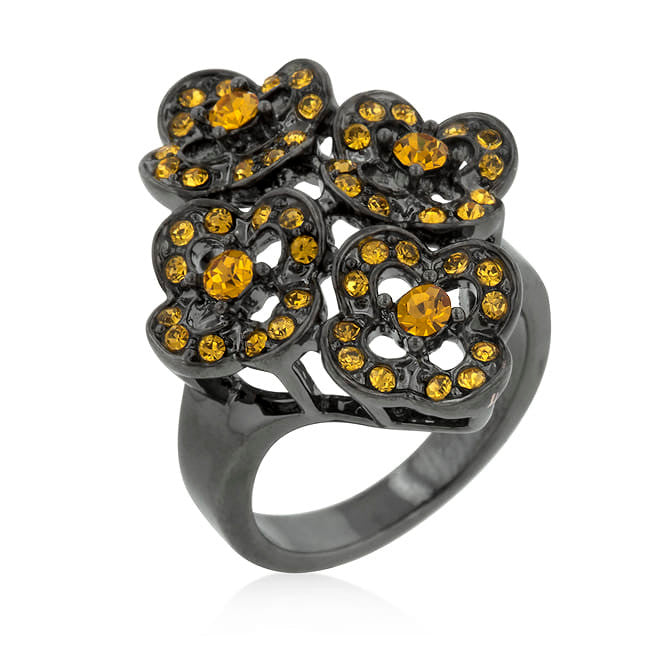 Black Mystique Yellow Crystal Floral Ring-0