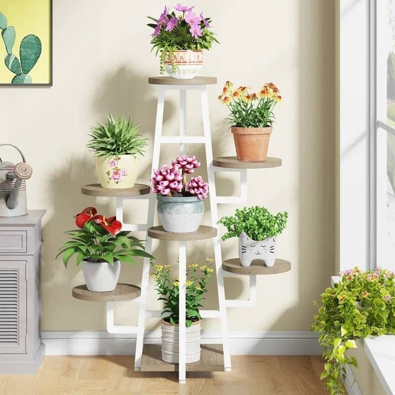 Modern Industrial Indoor Multi-Tier Plant Stand with White Metal Frame-0