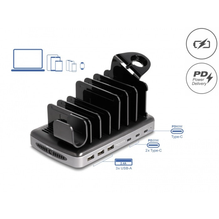 Delock USB Charging Station with 3 x USB Type-C PD + 3 x USB Type-A (112 W) (Grey Black)-0