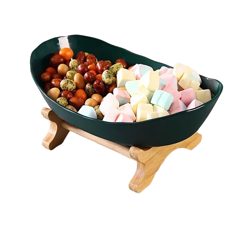 Light Luxury 1-Layer Fruit Bowl with Wooden Stand - Green