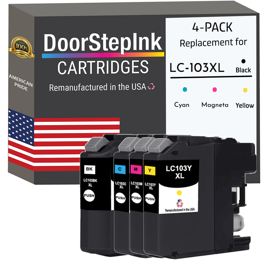 DoorStepInk Brand for Brother LC103 XL High Yield Black / 3 Color 4-Pack Remanufactured in the USA Ink Cartridge, LC103-4PKS