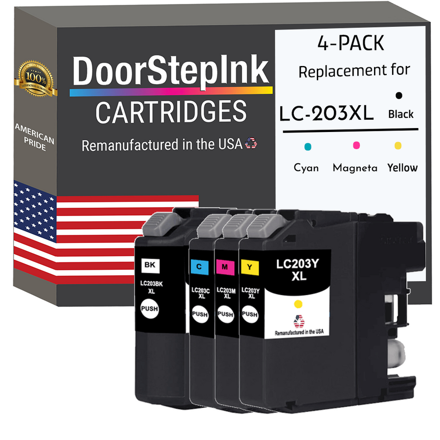 DoorStepInk Brand for Brother LC203 XL High Yield Black / 3 Color 4-Pack Remanufactured in the USA Ink Cartridges, LC203-4PKS
