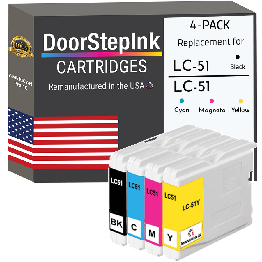 DoorStepInk Brand for Brother LC51 1 Black /  3 Color Remanufactured in the USA Ink Cartridges, LC51-4PKS