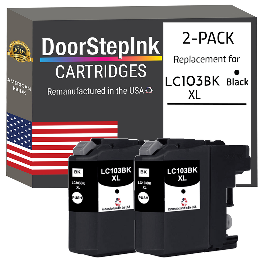 DoorStepInk Brand for Brother LC103BK XL High Yield Black Twin Pack Remanufactured in the USA Ink Cartridge, LC-103BK
