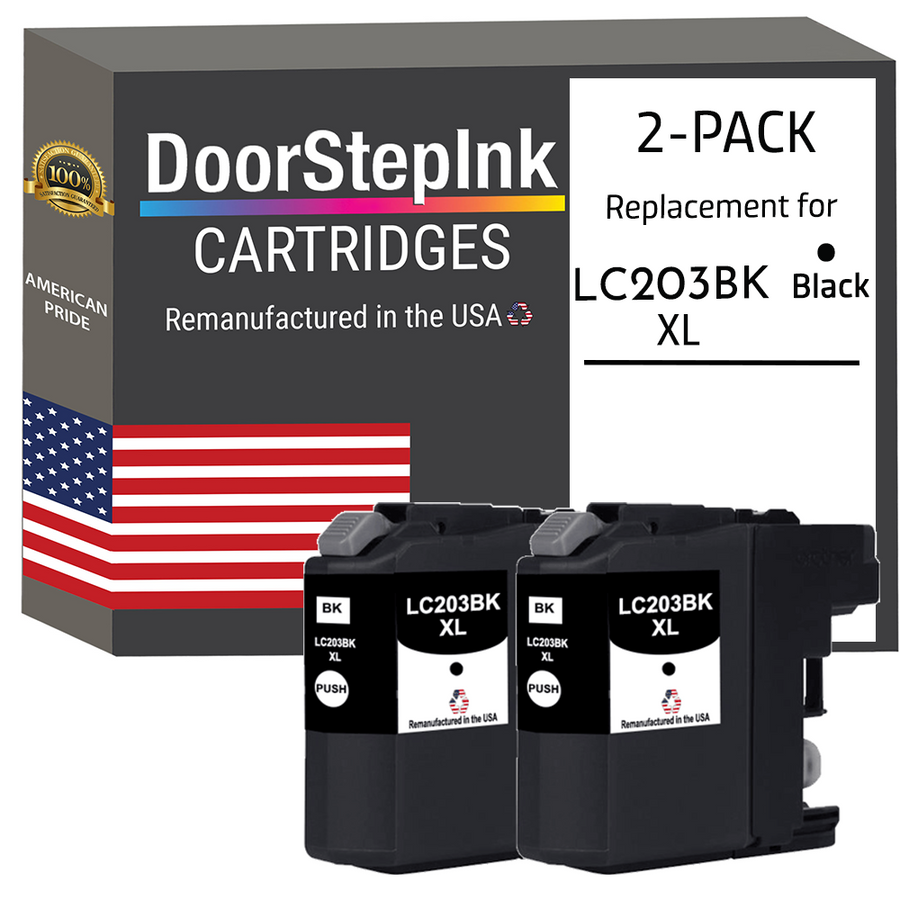 DoorStepInk Brand for Brother LC203BK XL High Yield Black Twin Pack Remanufactured in the USA Ink Cartridge, LC-203BK