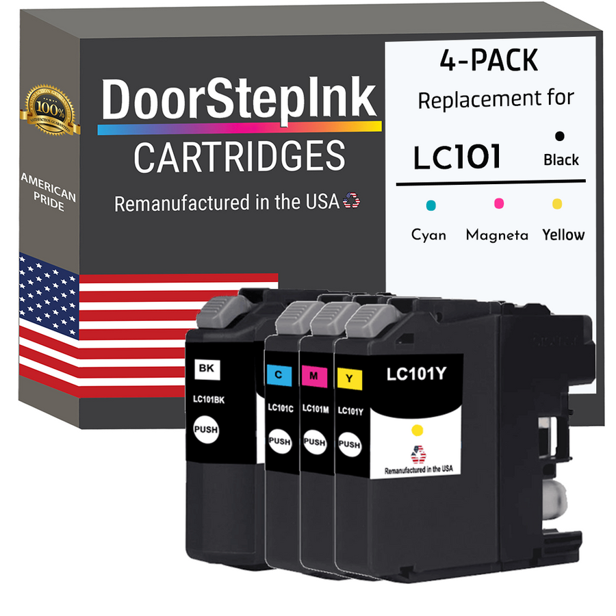 DoorStepInk Brand for Brother LC101BK Black / 3 Color 4-Pack Remanufactured in the USA Ink Cartridges, LC101-4PKS