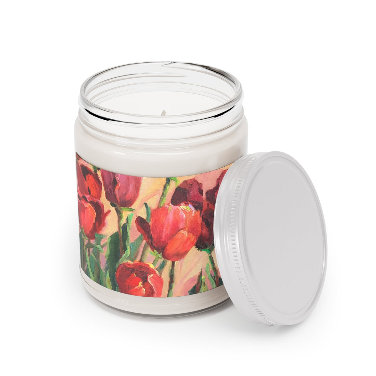 9oz Eco-Friendly Scented or Unscented Soy Wax Candle Jar  with 'Tulips' Floral Artwork by American Artist Barbara Cleary-0