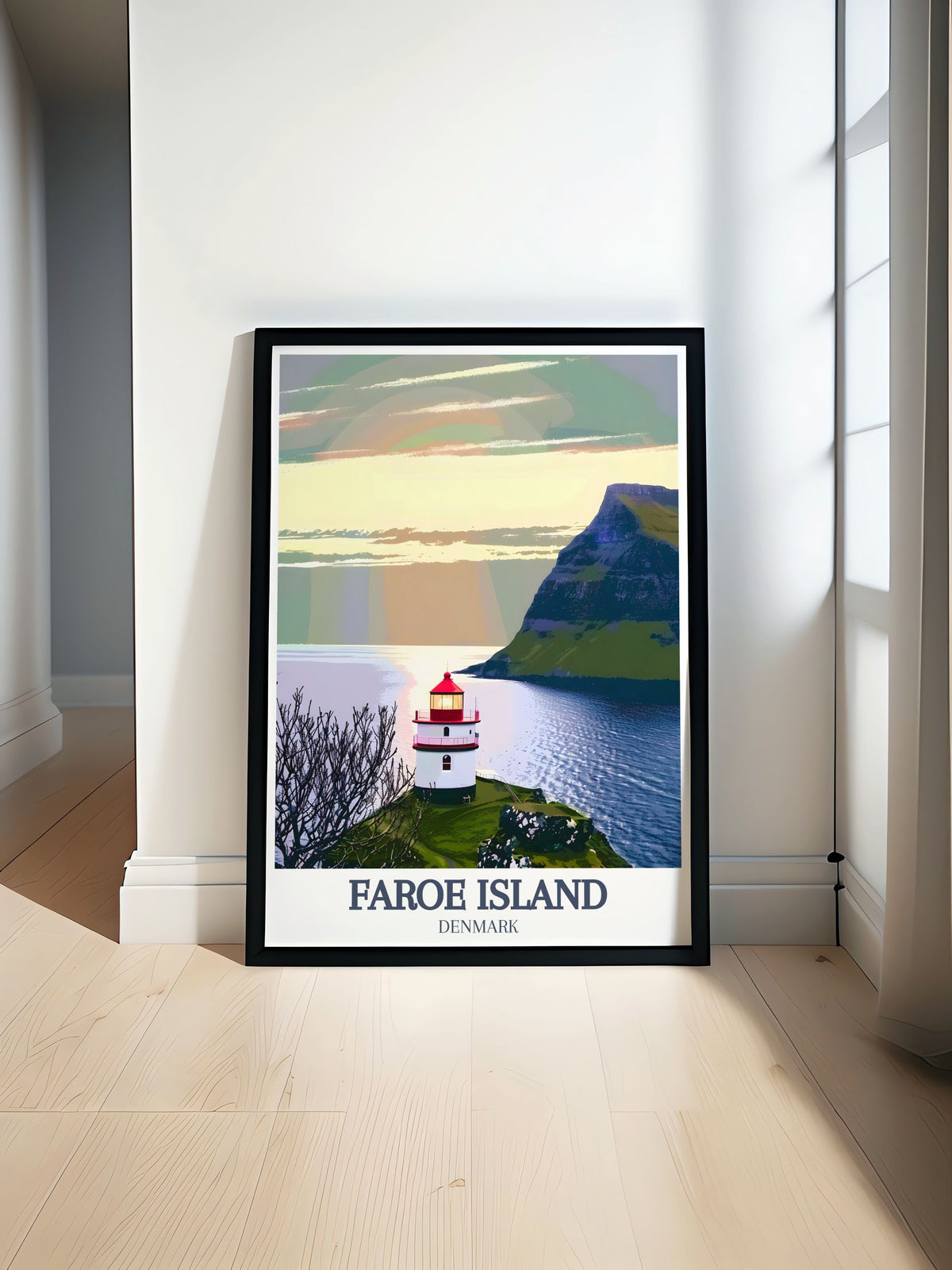 Faroe Island Art Print - Atlantic Ocean Travel Poster - Kallur Lighthouse Travel Art - Faroe Island Poster Print - Denmark Living Room Decor-0