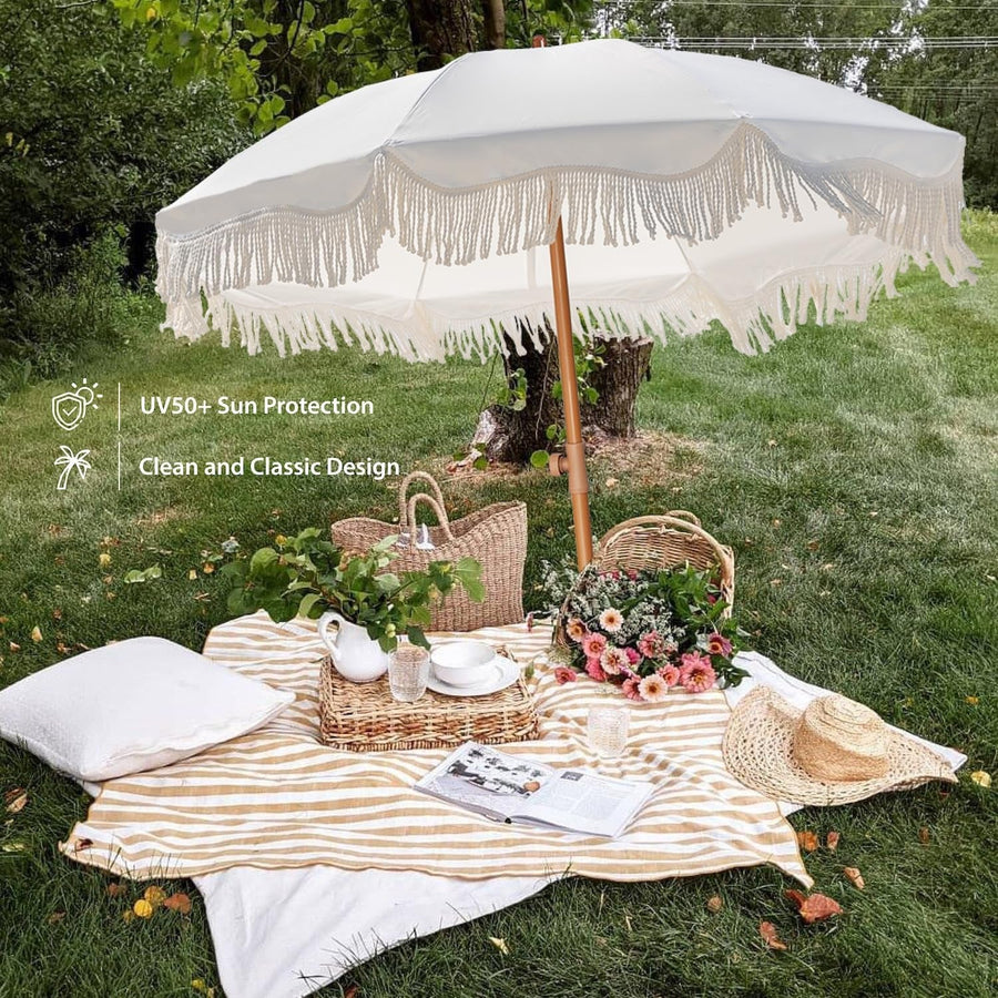 6ft 5in Fringe Patio Umbrella AntiqueIvory Push Tilt Lock