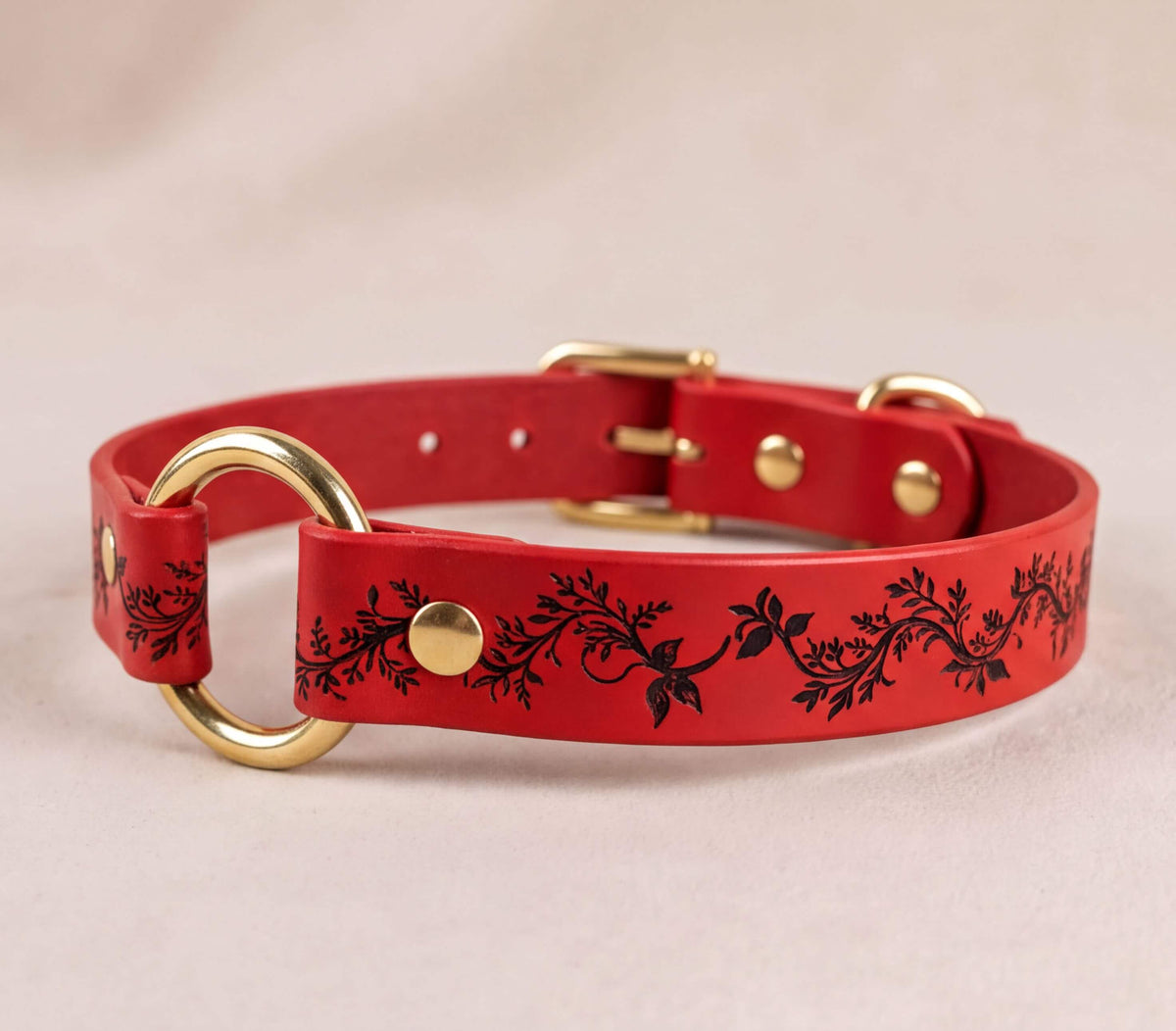 Red BDSM Collar | Floral Leather Choker With O Ring-0