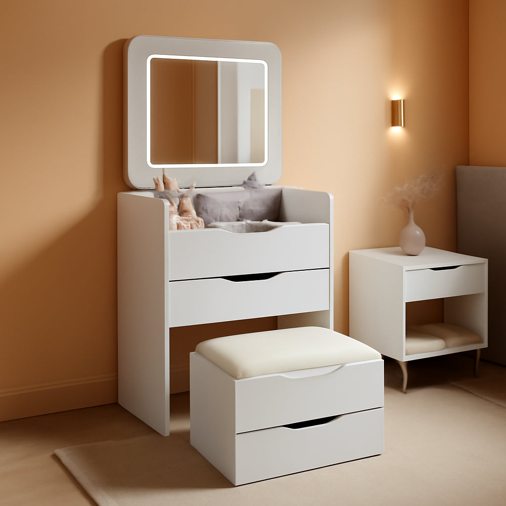 White Compact Vanity Desk Featuring Illuminated Lights-0