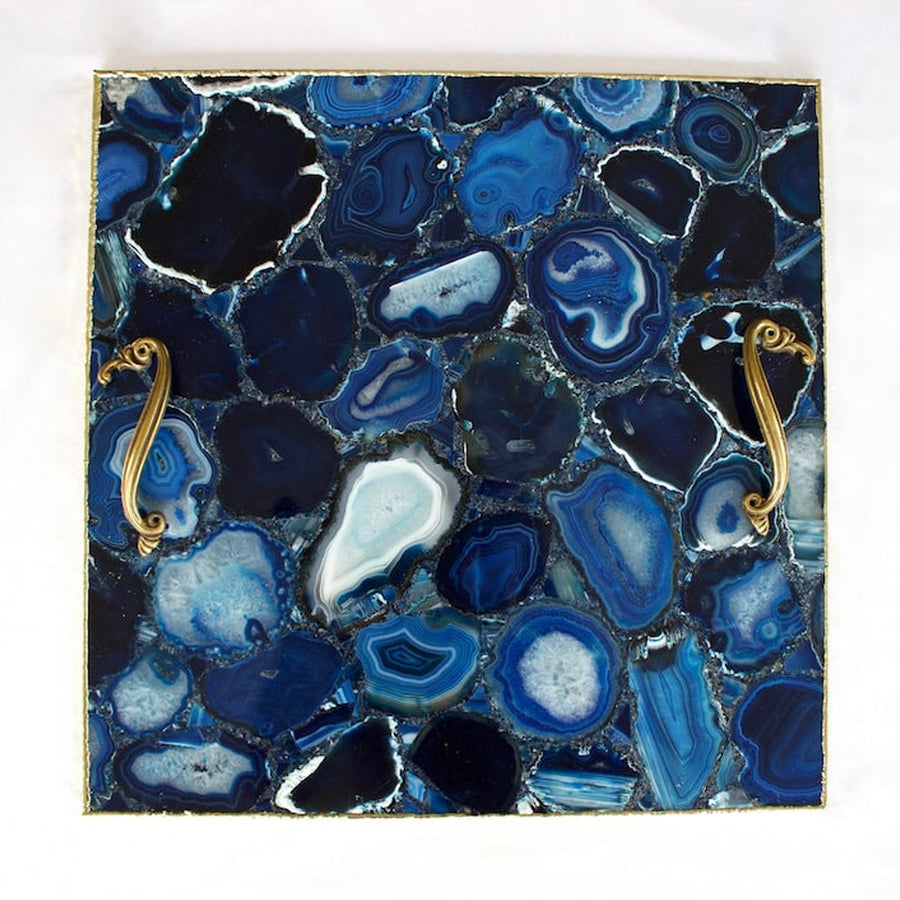 Blue Agate Serving Tray With Brass Handles | Square