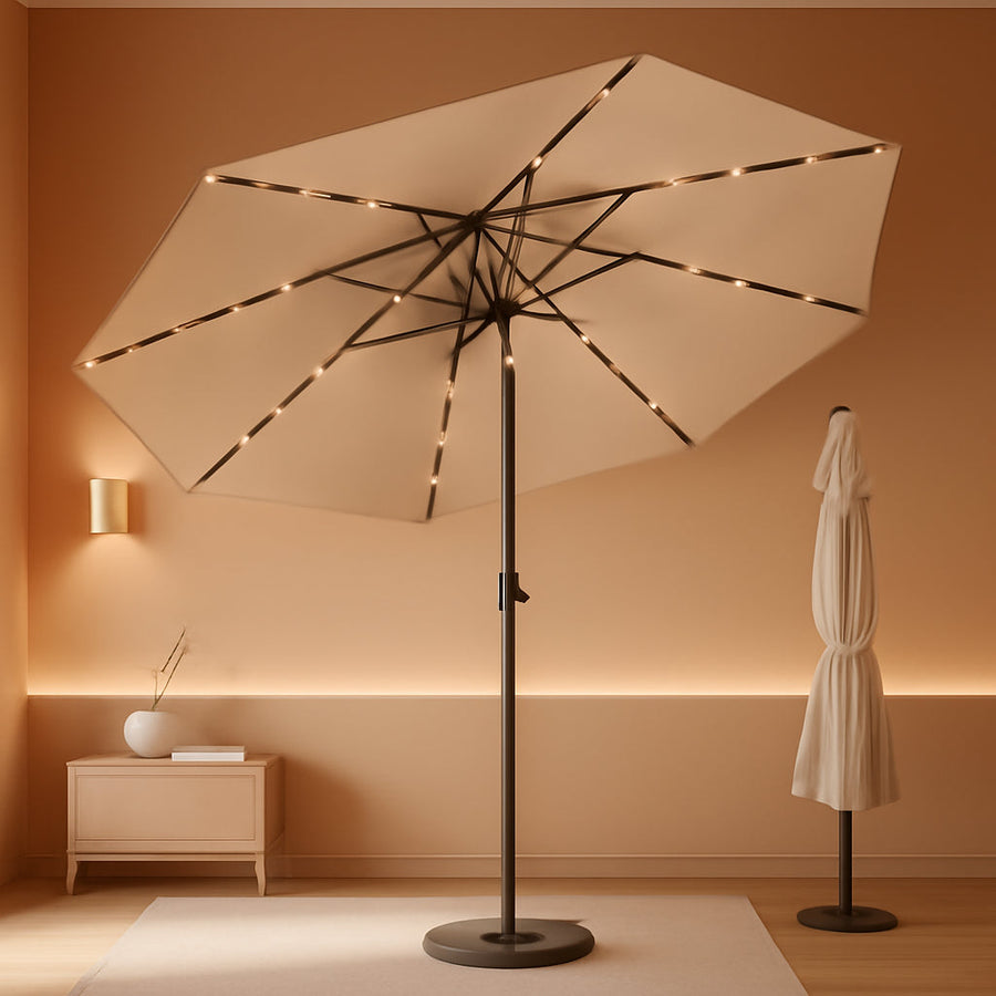 Beige Shade 9ft Solar LED Patio Umbrella UV Protected