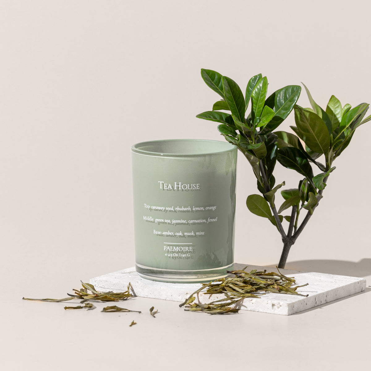 Tea House soy wax candle with tea leaves and greenery