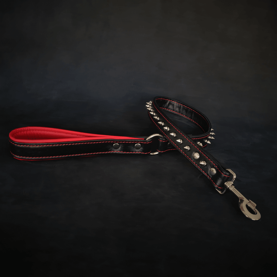 Black soft leather short spiked leash