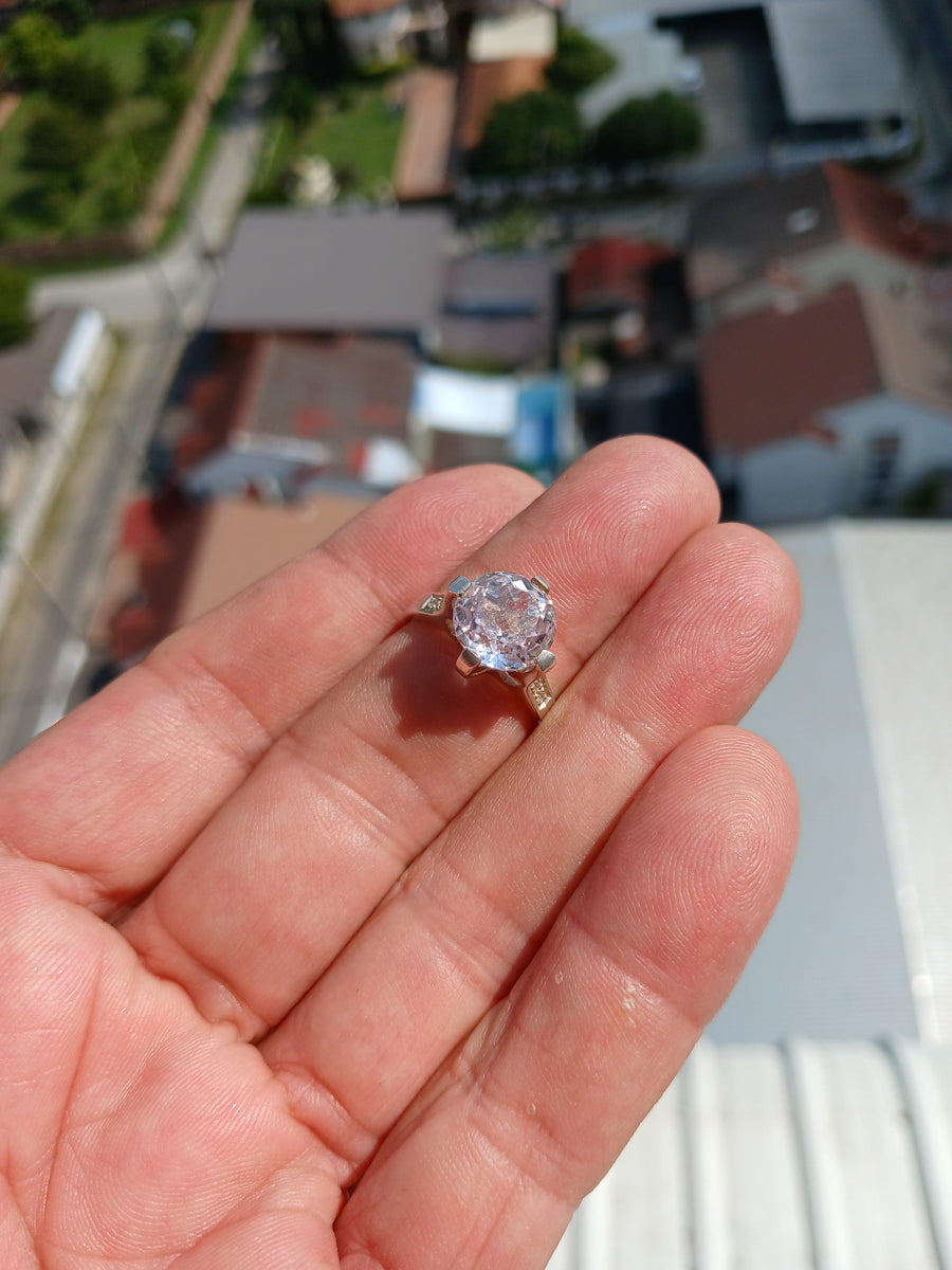Pink Apatite Ring, Gemstone Sterling Silver ring, Solitaire Ring with Pink Apatite and CZ handmade gemstone ring, unique design - Size 6.5