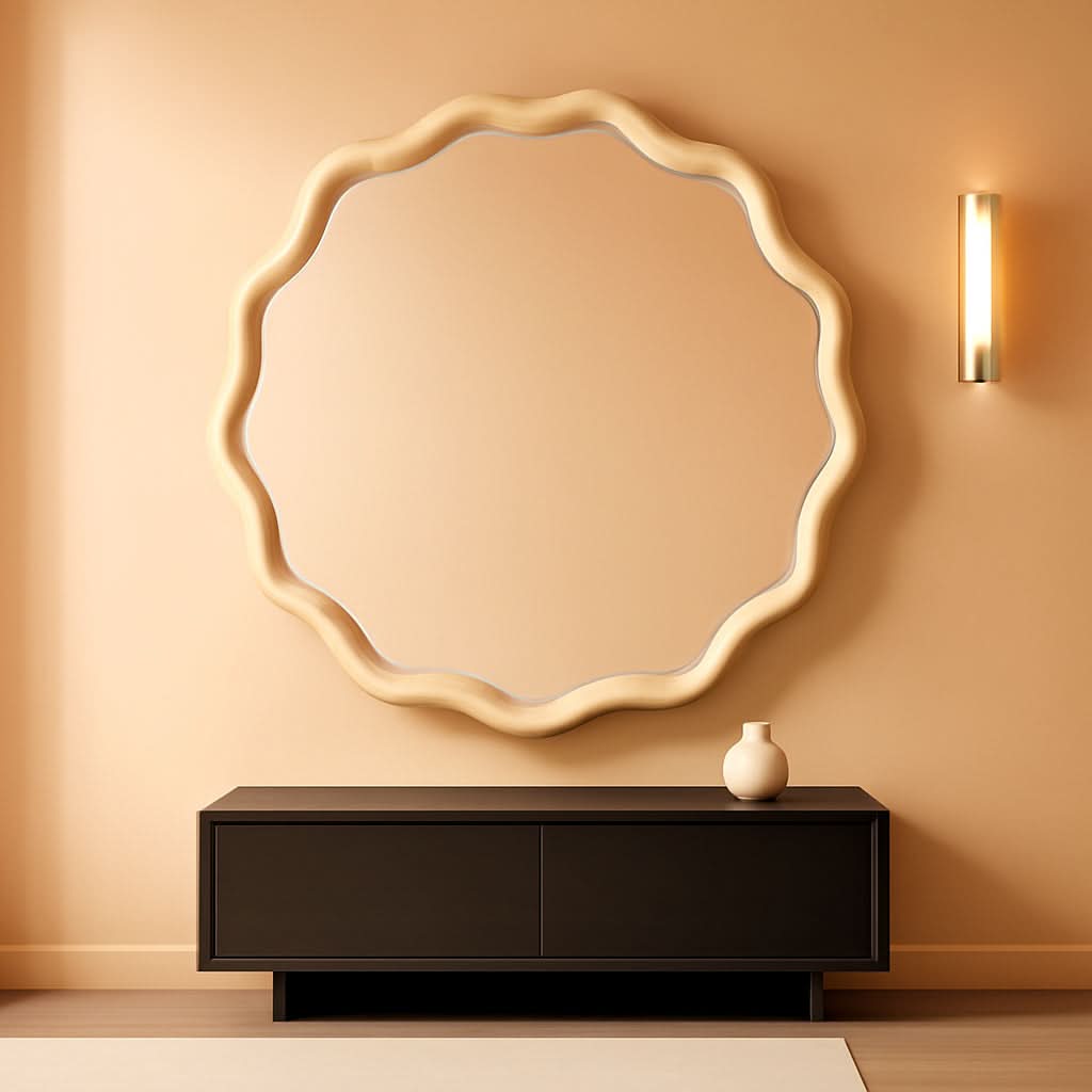 Round Wood Wall Mirror 24 Inch Shatterproof Glass Mounted-0