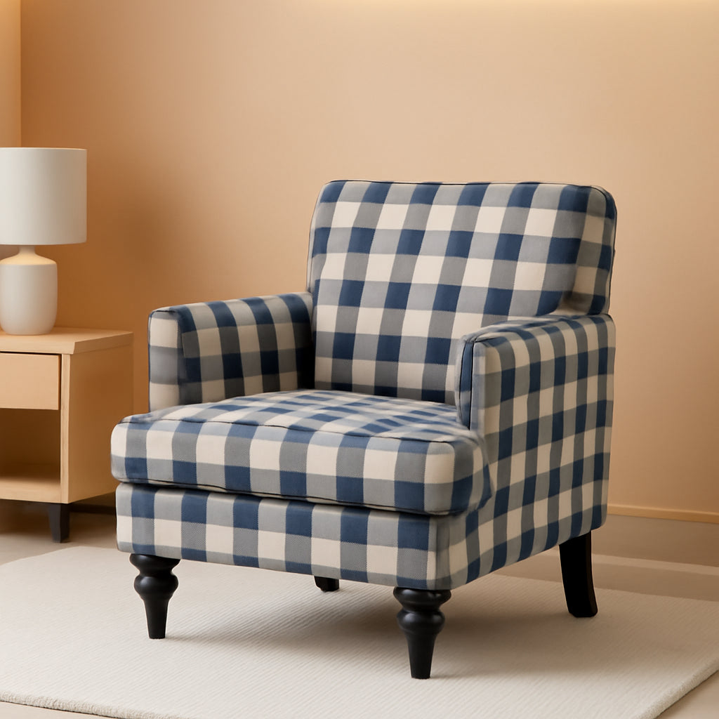 Luxurious Upholstered Blue Checkerboard Club Chair-0