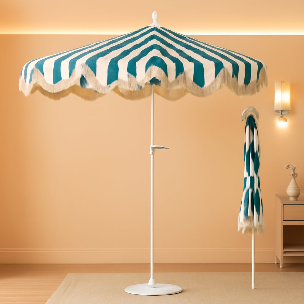 9Ft Green Coastal Stripes Patio Umbrella Deluxe Quality-0