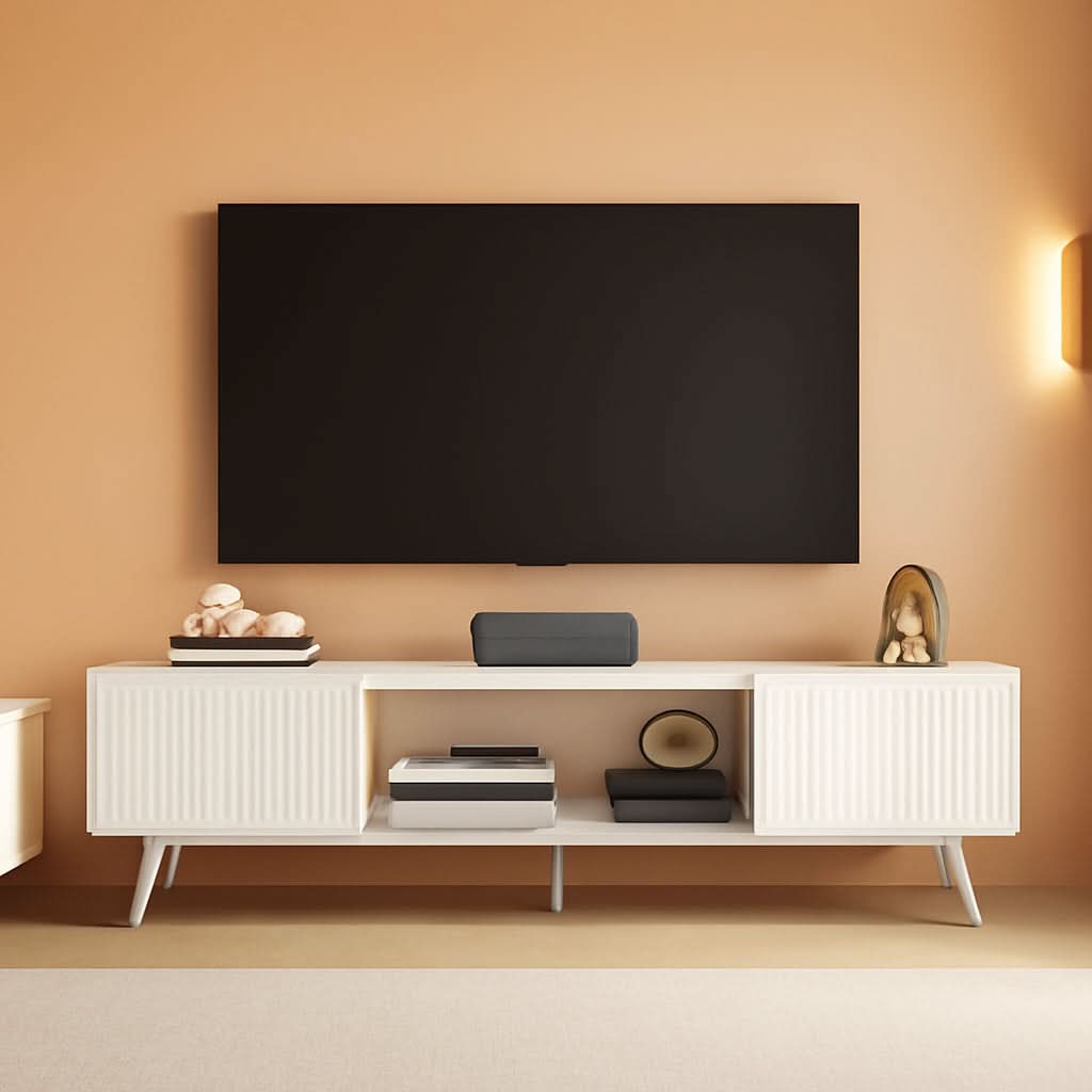 White Fluted TV Stand With Integrated Storage Cabinet-0