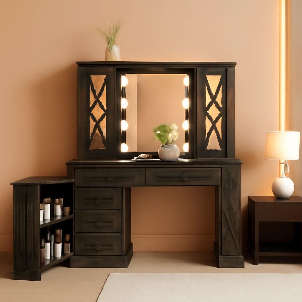 Brown Makeup Vanity With Illuminated Mirror Armoire-0