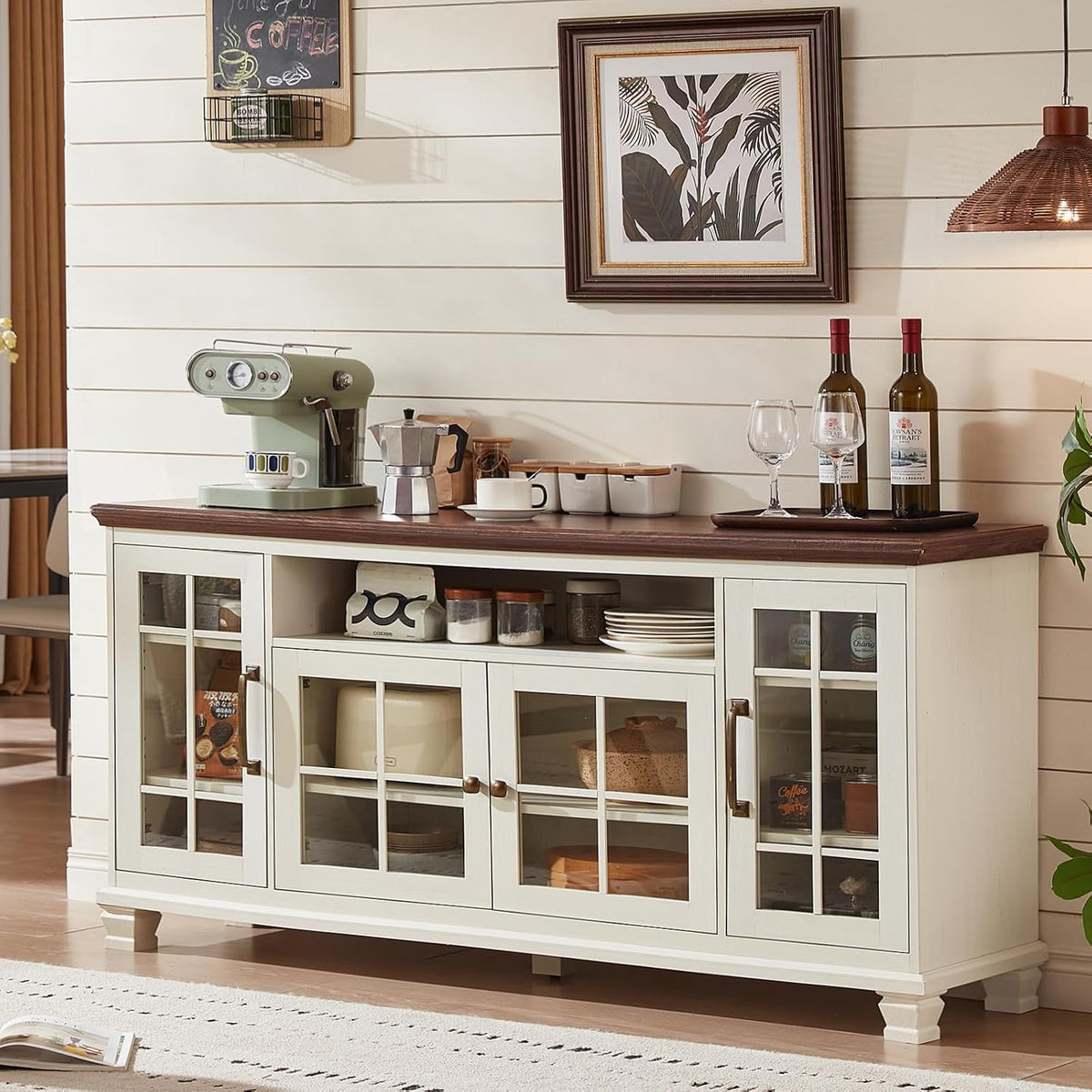 Large 60 Inch Vintage White Sideboard Buffet Cabinet-0