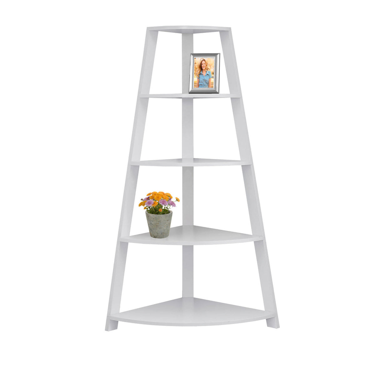 60" White Wood Four Tier Corner Bookcase-0