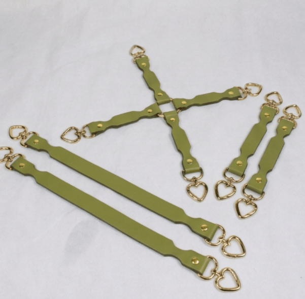 BDSM Restraint Connector Set Avocado Leather with Heart Rings-0