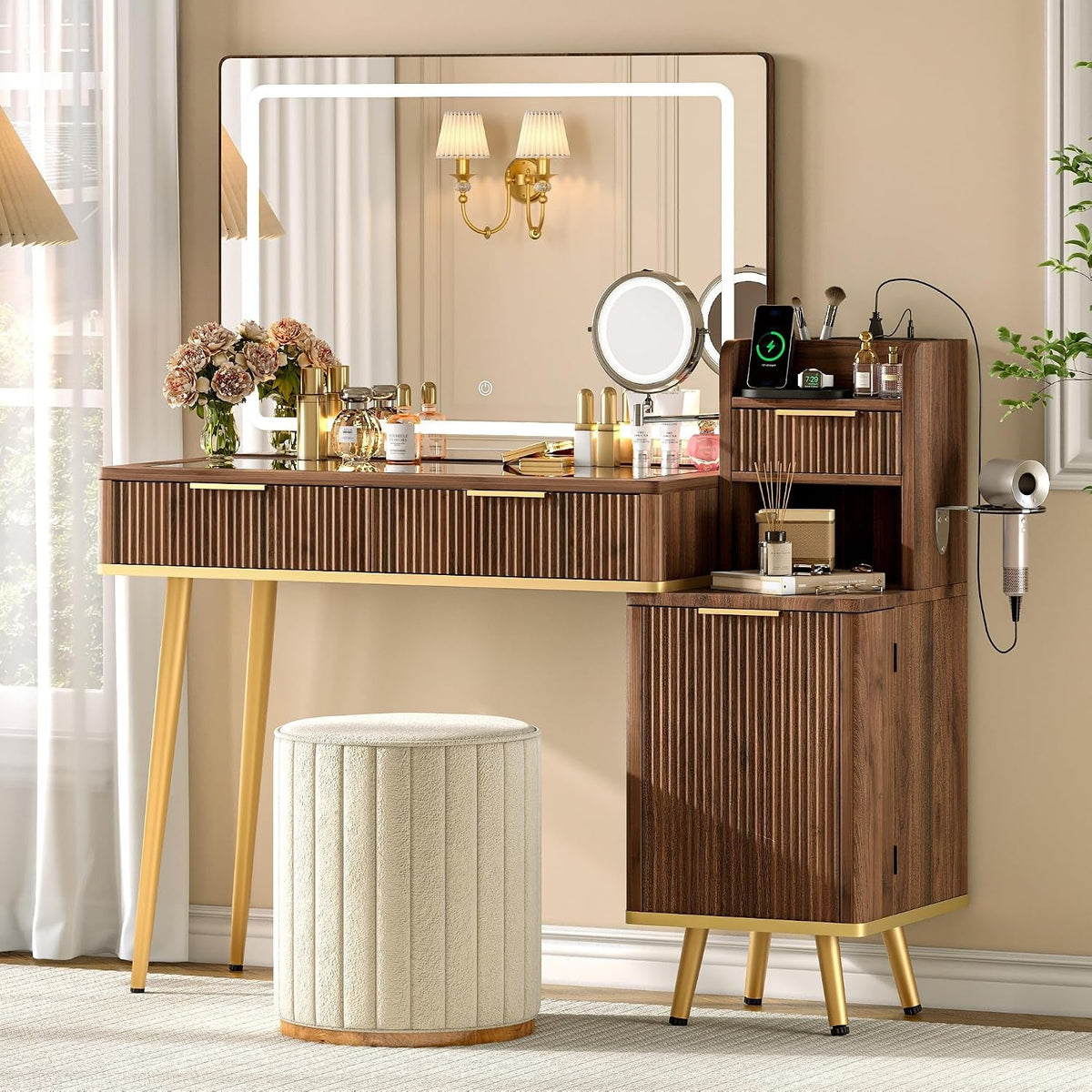 47 Inch Dark Walnut Makeup Vanity Desk With Mirror-0