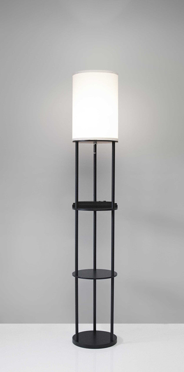 Black Wood Floor Lamp With Circular Usb Charging Station Shelf-0
