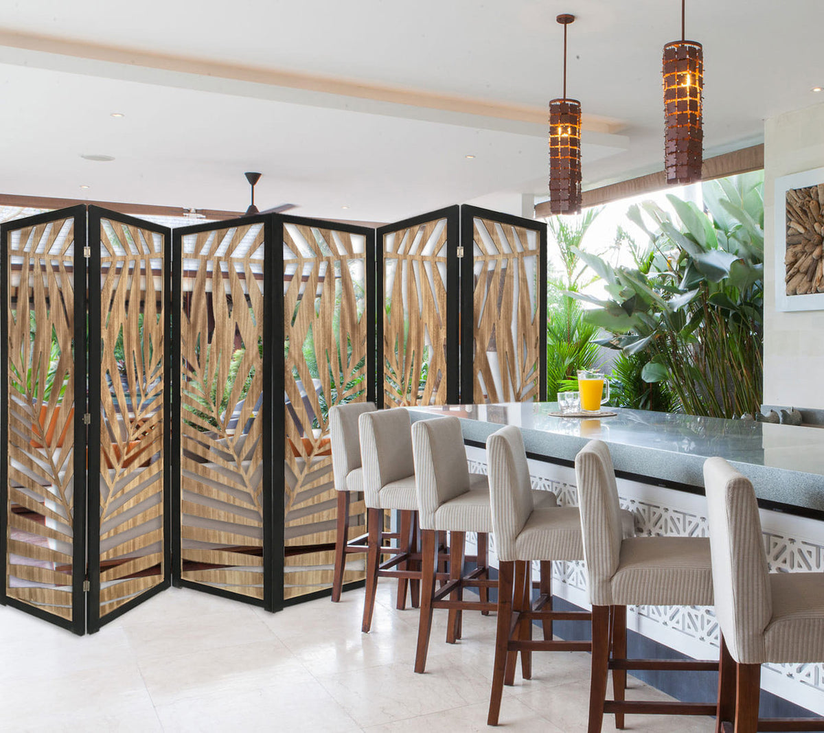 3 Panel Room Divider With Tropical Leaf Design-0