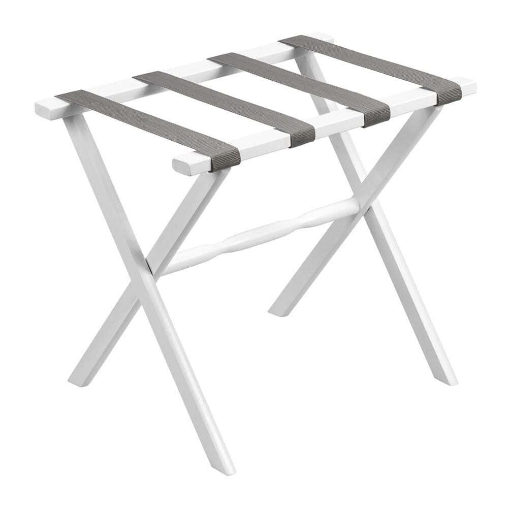 Hotel White Finish Wood Folding Luggage Rack With Gray Straps-0