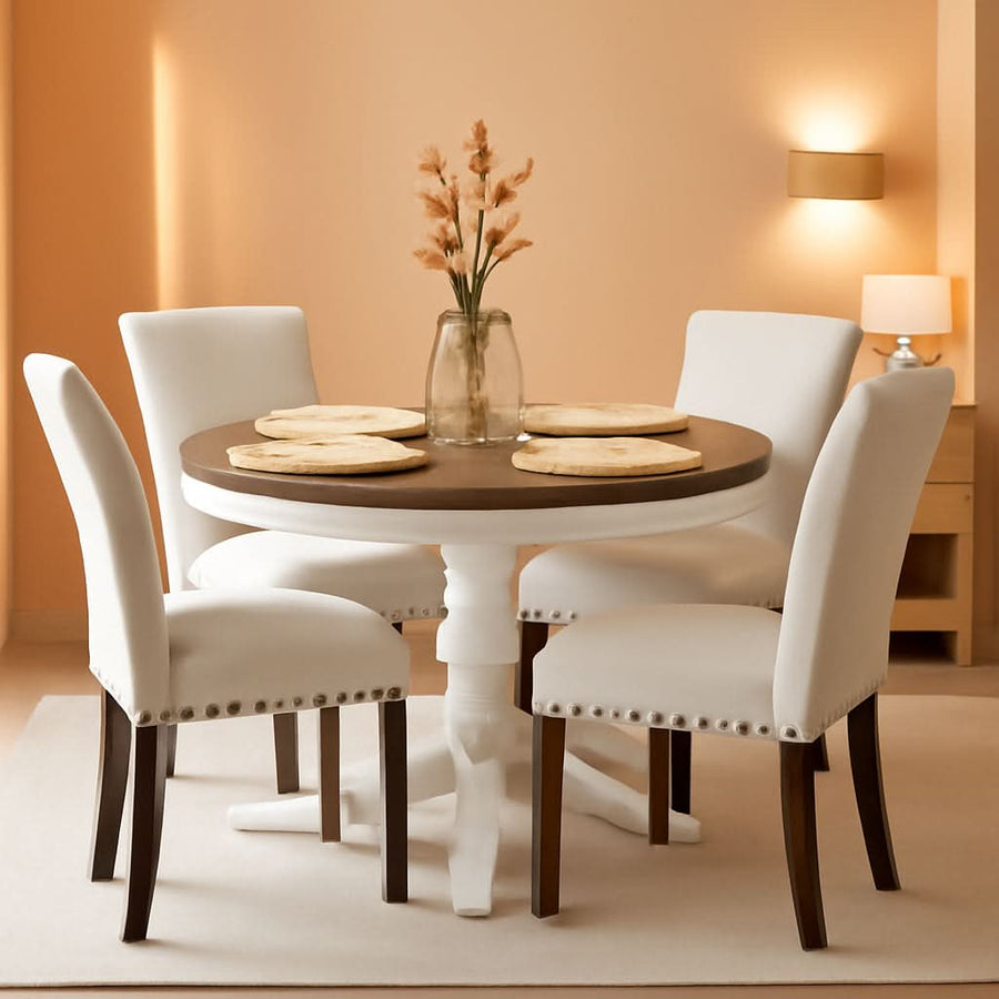 Beige Linen Upholstered High Back Counterheight Chairs