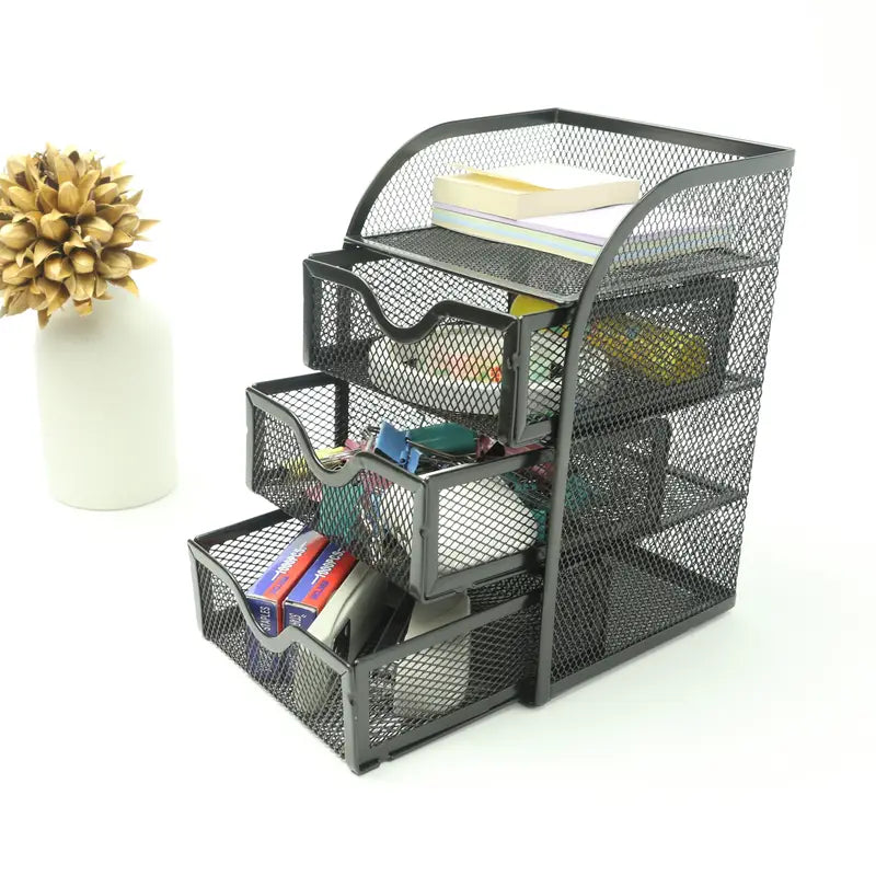 4 Tier Mesh Desk Organizer with 3 Drawers - Efficient Desk Organization-0