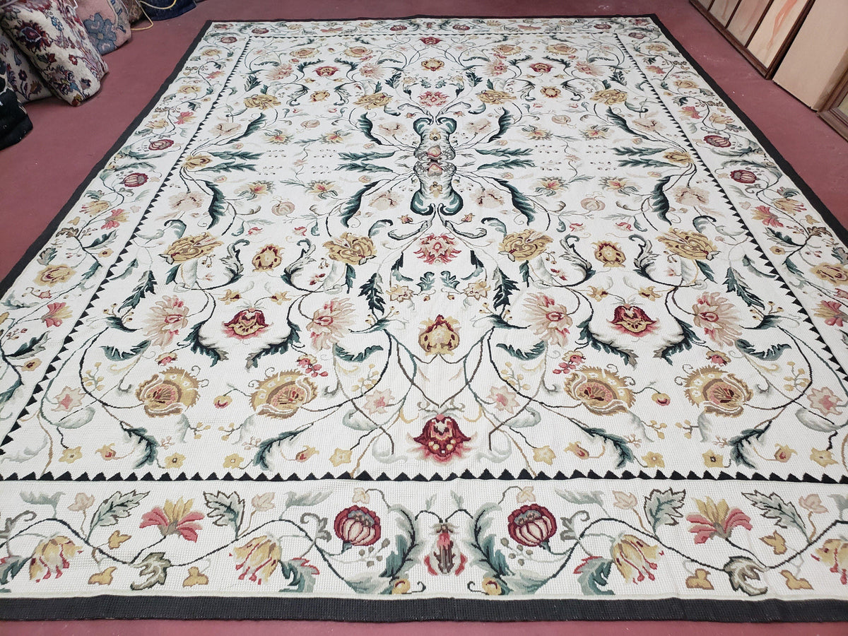New Needlepoint Rug 9x12, Hand Woven Wool Area Rug, Flatweave Carpet, Handmade Chinese Needlepoint, Floral European Design, Ivory Background-0