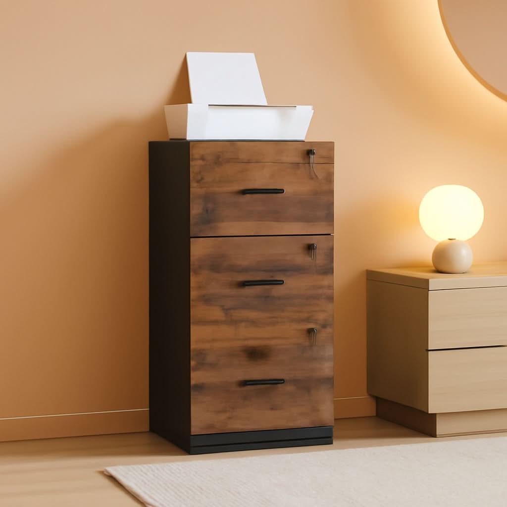 Brown Filing Cabinet With Lock And Printer Stand For Office-0
