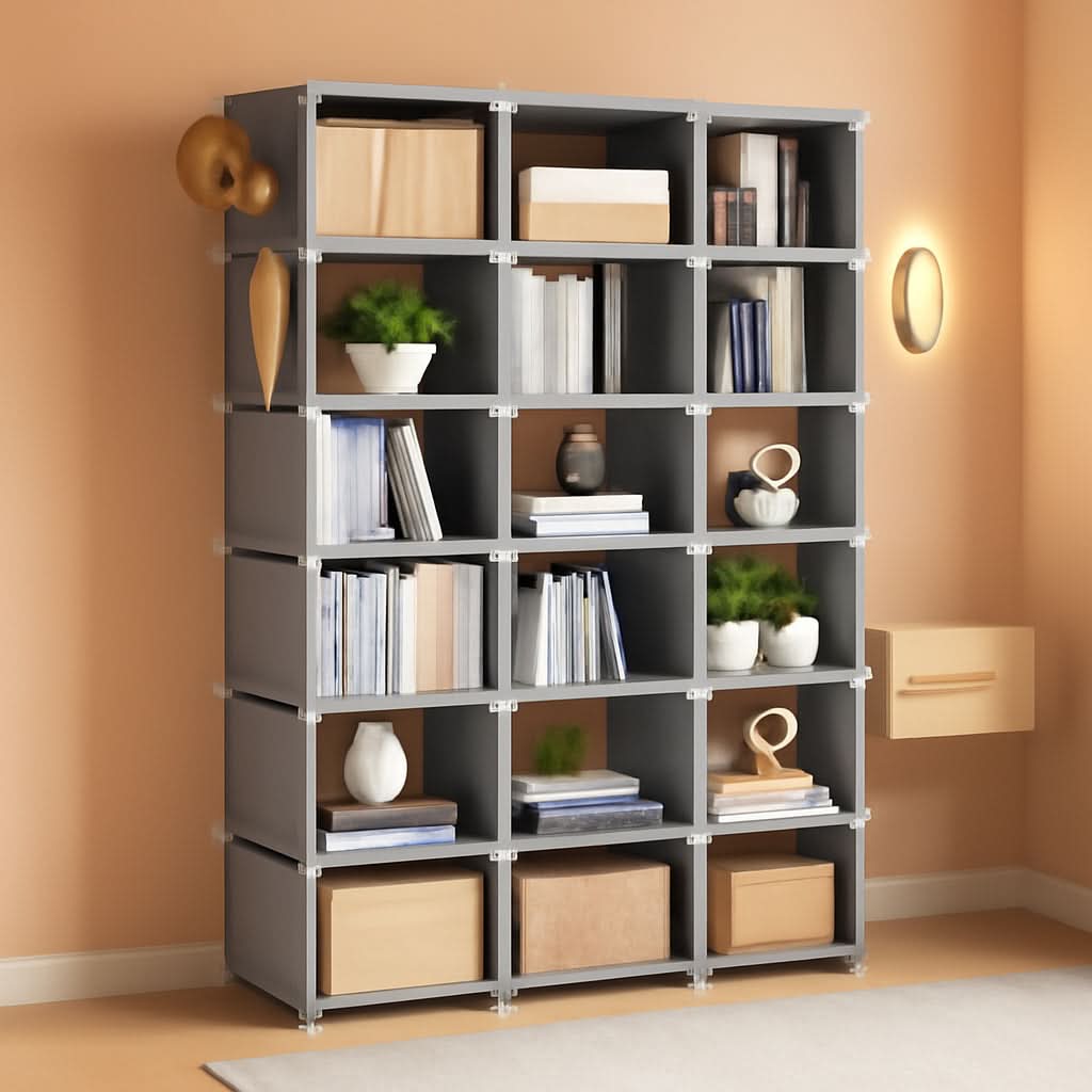 Grey 18 Cube Storage Organizer Tall Bookcase Shelf-0