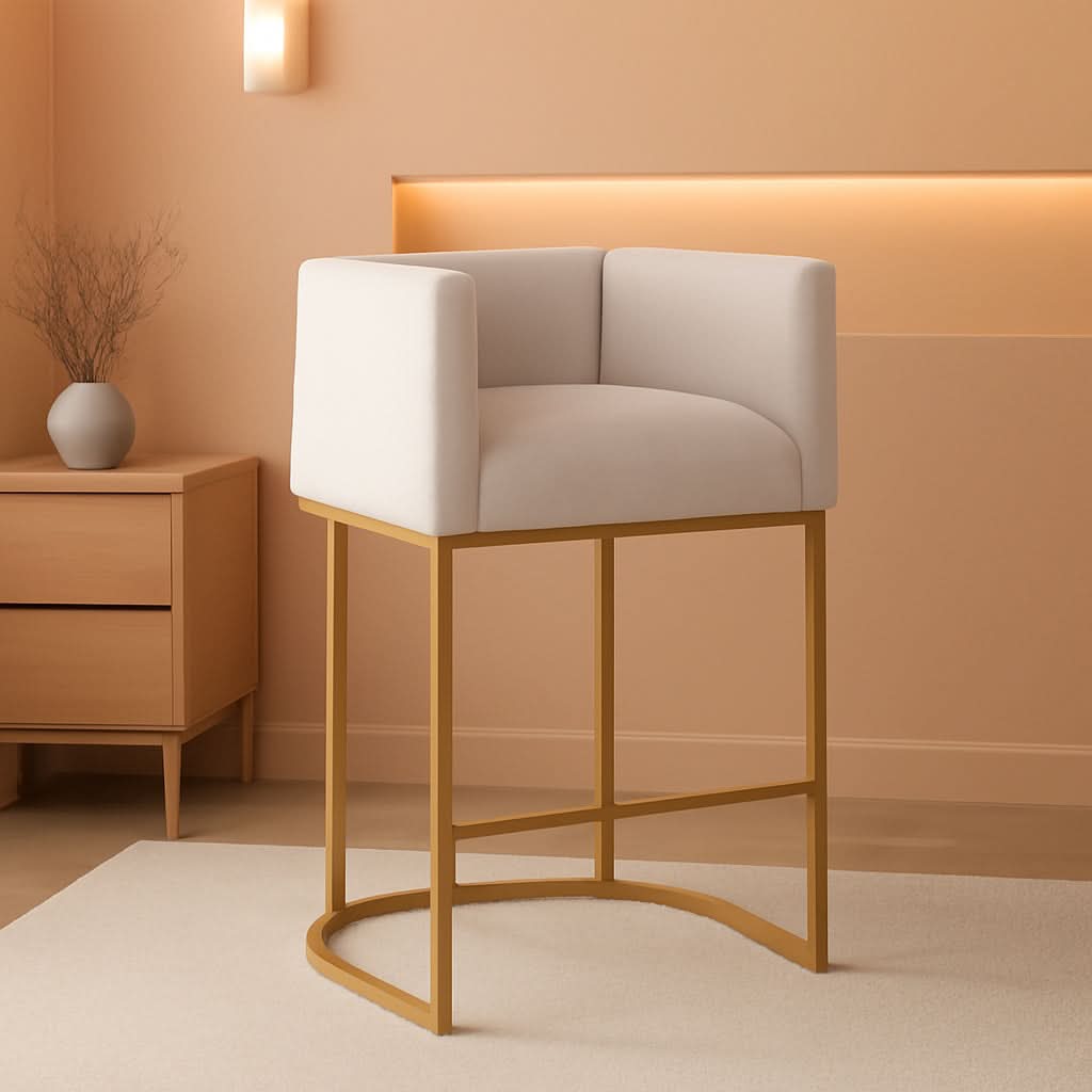 27 Inch Counter Height Bar Stools With Backrest And Arms Gold Metal Frames Beige Linen Upholstery-0