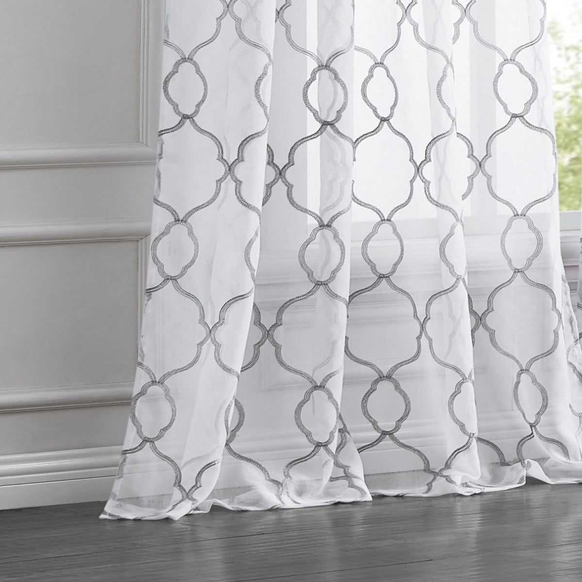 84" Silver Trellis Pattern Embroidered Window Curtain Panel-0