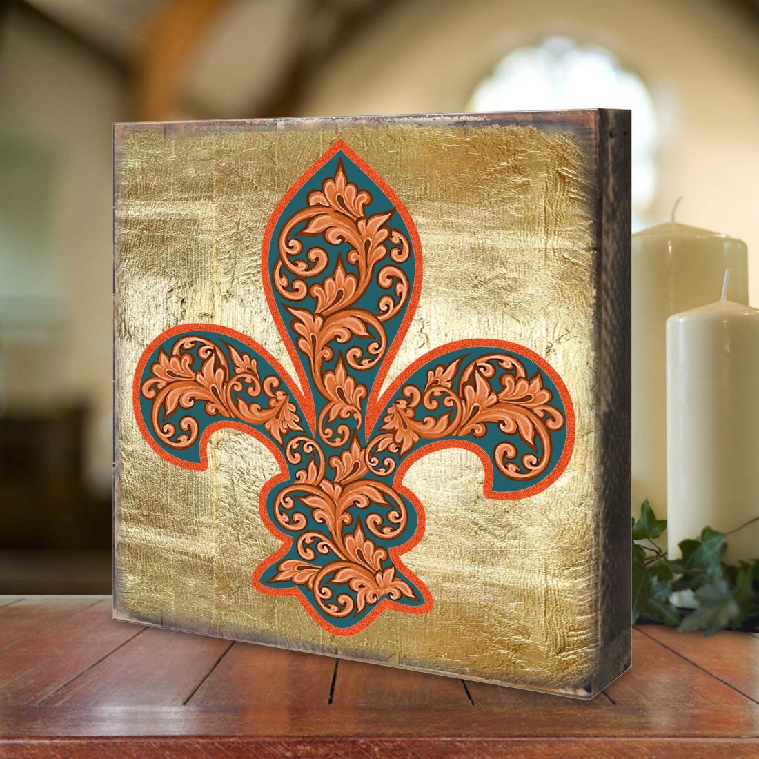 Cross Fleur De Lis Wooden Gold Plated Wall Art by Museum Icon - Celtic Decor - 850442-18-0