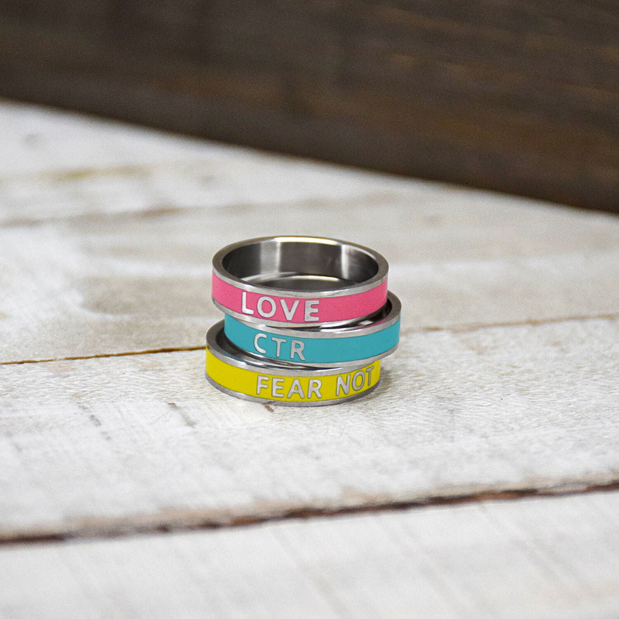 Enamel CTR Stainless Steel Ring 3 Pack in pink, yellow, and teal